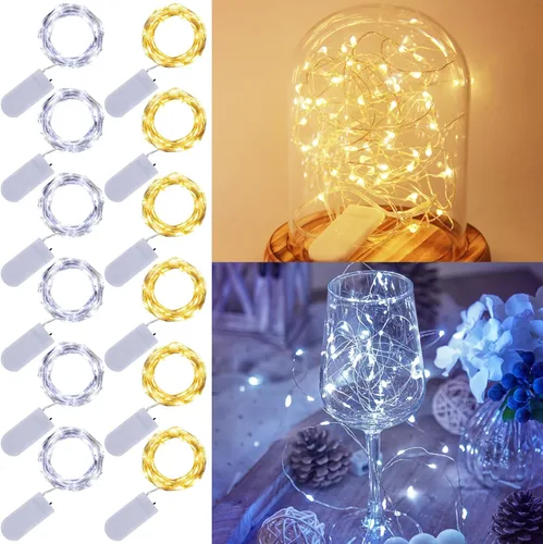 Vista 14 de WATERGLIDE Paquete de 12 luces de hadas que funcionan con pilas (incluidas), 20 miniluces LED de 7 pies, luces impermeables de alambre plateado
