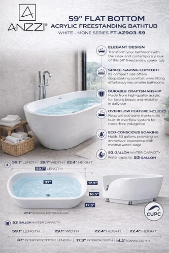 Vista 6 de Bañera Mone de fondo plano acrílico brillante de 59 pulgadas en blanco