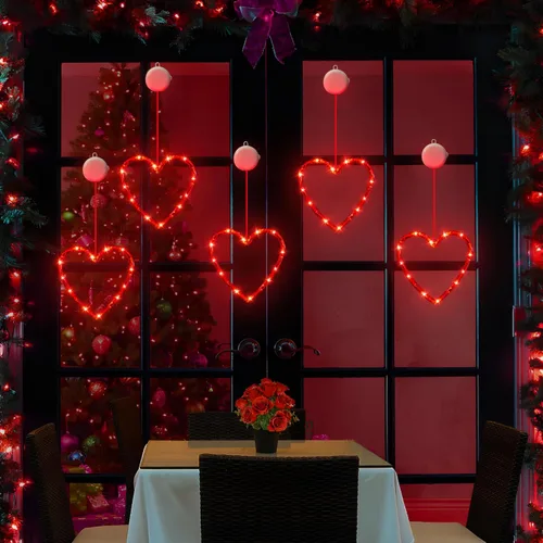 Vista 9 de Paquete de 5 luces de ventana para el día de San Valentín con temporizador, funciona con pilas, cadena roja iluminada en forma de corazón, silueta