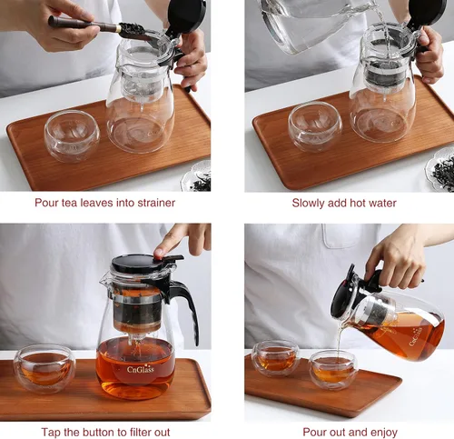 Vista 5 de Tetera de vidrio CNGLASS con infusor extraíble, tetera de té transparente de 25oz con un botón de presión para filtrar la sopa de té, juego de té