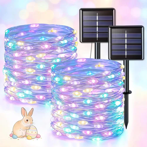 Vista 15 de JMEXSUSS Paquete de 2 luces solares de Navidad impermeables para exteriores, 100 LED de 33 pies, color blanco y multicolor, luces solares de hadas