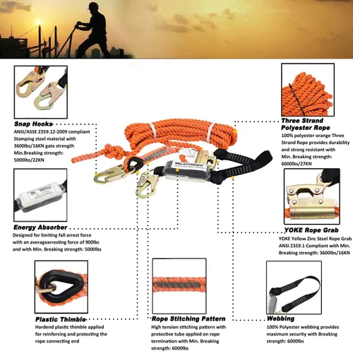 Vista 3 de Línea de vida vertical de 25 pies para montar cuerda de tres hebras, protección contra caídas con ganchos de agarre de cuerda, amortiguador