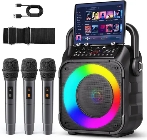 Vista 10 de Máquina de karaoke, altavoz Bluetooth portátil con 2 micrófonos inalámbricos para adultos y niños con luces, micrófono de karaoke con sistema PA