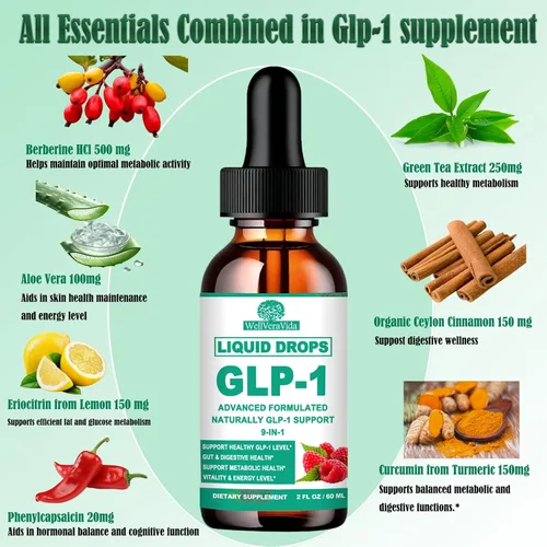 Vista 2 de Gotas de suplementos GLP-1 9-en-1 GLP1 Premium Boost con Berberina, canela de Ceilán, té verde extra- ct Eriocitrina, apoyo GLP 1 naturalmente