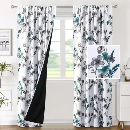 Vista 27 de H.VERSAILTEX Cenefas de cortina 100% opacas para ventanas de cocina, juego de 2 paneles de Cattleya con estampado floral, estampado floral