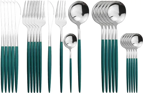 Vista 13 de Juego de cubiertos negros de acero inoxidable de 24 piezas, servicio para 6, vajilla pulida con espejo, cuchillo tenedor y cuchara para el hogar