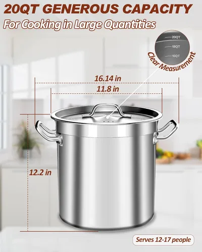 Vista 7 de Olla de 20 cuartos de galón - Olla de acero inoxidable con tapa – Olla de cocina resistente para sopa, guisado, pasta – Uso comercial y doméstico