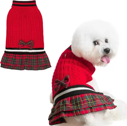 Vista 9 de PAWCHIE Vestido de suéter para perro con corbatín - Suéter de punto con cuello alto para perros pequeños, para niñas, para clima frío, con orificio