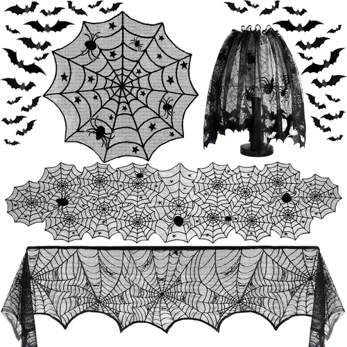 Paquete de 5 decoraciones de Halloween para interiores, decoración de Halloween, camino de mesa de encaje negro, mantel de chimenea, mantel redondo,