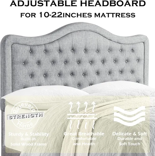 Vista 3 de Rosevera Turin Linen - Cama tapizada con paneles y cabecero capitonado con botones ajustables para dormitorio, tamaño Queen, color gris