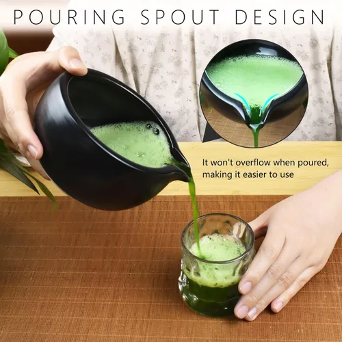 Vista 3 de Artcome Juego Completo de 4 Piezas para Ceremonia de Té Matcha - Tazón con Boquilla de Servir, Batidor, Soporte, Cuchara - Juego de Té Japonés