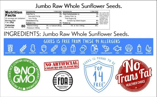 Vista 2 de GERBS Semillas de girasol crudas y enteras jumbo 2 libras Sin aditivos artificiales, con cáscara, bolsa resellable Snack crujiente para abrir