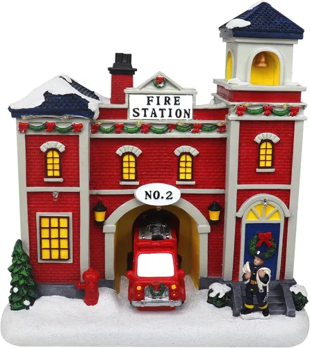 Vista 5 de Christmas Village - Estación de bomberos animada, edificio coleccionable de aldea musical de nieve preiluminada, complemento perfecto para tus