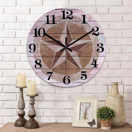 Vista 9 de Reloj de pared rústico de estilo rústico con estrella de Texas occidental, estilo antiguo, reloj de madera silencioso sin tictac, funciona