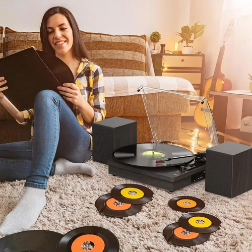 Vista 8 de Reproductor de discos de vinilo con dos altavoces estéreo, tocadiscos con reproducción Bluetooth de 3 velocidades, entrada AUX para auriculares