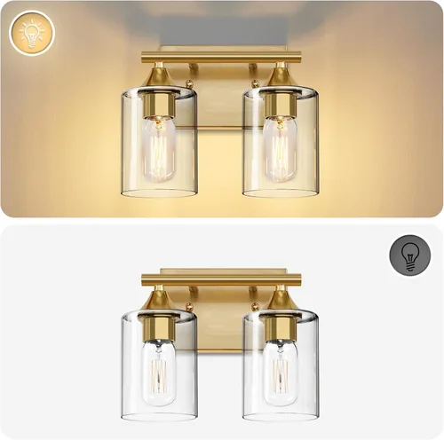 Vista 7 de Luces de Tocador Doradas para Baño, Accesorios de Iluminación de Baño de 2 Luces, Aplique de Pared de Latón Cepillado Dorado, Lámpara de Pared