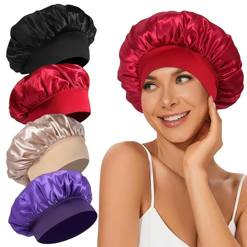 Vista 19 de 4 piezas de gorro de satén de seda, gorro de cabello para dormir, gorro de seda elástica de banda ancha para dormir, suave y transpirable