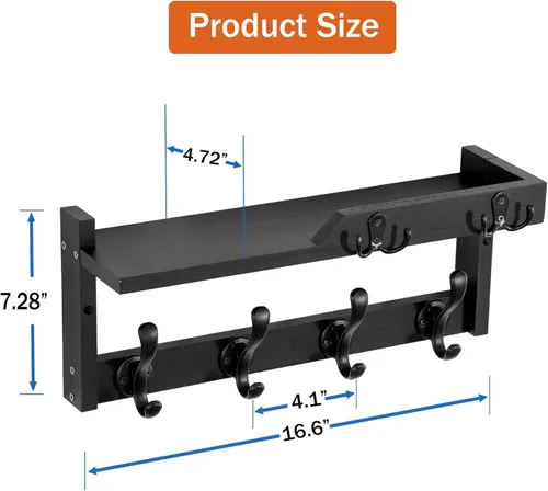 Vista 6 de dreampossible Perchero de pared con estante, perchero de pared con ganchos para llaves y soporte para correo, estante flotante de entrada de madera
