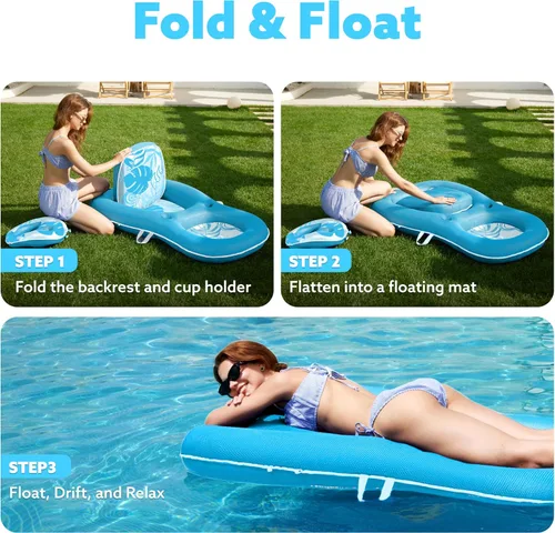 Vista 6 de SLOOSH Pool Floats Lounger Adult, Fabric Pool Floaties Lounge Convertible 2-in-1 Floating Water Floaty with Cup Holders Adjustable Backrest Recliner