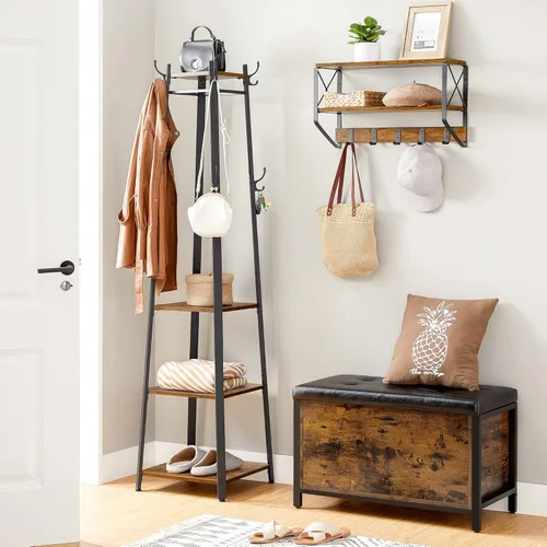Vista 2 de VASAGLE Perchero, Soporte para abrigos con 3 estantes, árbol de pasillo independiente con ganchos para bufandas, bolsos, paraguas, marco de acero