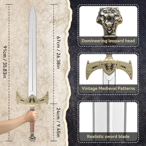 Vista 2 de King Arthur Espada de juguete, espada larga medieval de 35 pulgadas, espada de plástico, accesorios de disfraz de caballero medieval para accesorios