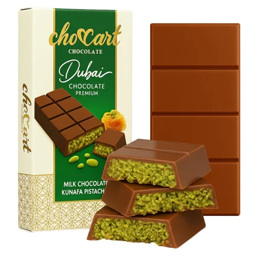 Vista 14 de ChocCart Dubai - Barra de chocolate con relleno de galletas y Kunafa, postre de chocolate con leche premium, estilo viral Knafeh, caja de regalo