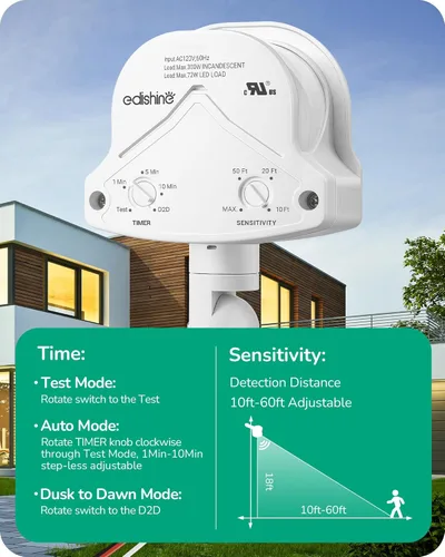 Vista 3 de EDISHINE Sensor de movimiento de 240 grados, detector de movimiento de repuesto para luces exteriores, tiempo ajustable y rango de detección