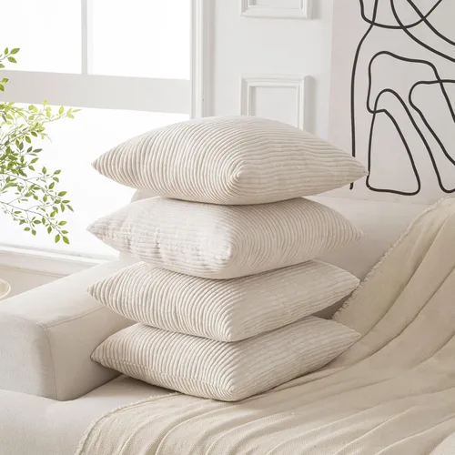 Vista 2 de Volcanics Juego de 4 fundas de almohada beige de corduroy decorativas para sofá, fundas de almohada de 18 x 18 pulgadas, fundas de cojín modernas