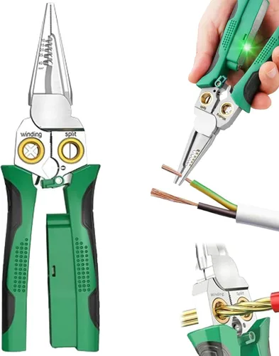 Vista 9 de Pelacables 8 en 1 con probador de voltaje, herramienta de pelado de cables eléctricos multifunción para cortar y alicates de tracción, herramienta