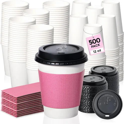 Vista 9 de Fit Meal Prep Paquete de 50 tazas de café desechables de 12 onzas con tapas y fundas rosadas, a prueba de plomo, resistentes para llevar, tazas