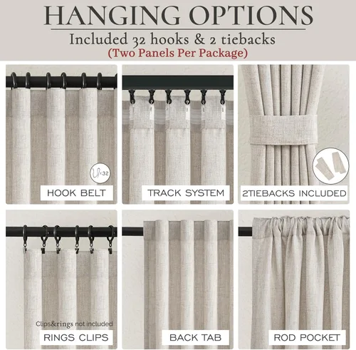 Vista 2 de Cortinas y cortinas semitraslúcidas de lino gris beige de 84 pulgadas de largo, juego de 2 paneles para sala de estar, cortinas plisadas marrón