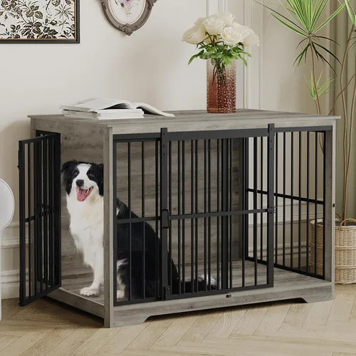 Vista 10 de Hzuaneri Mueble XL grande para perros, muebles de interior para perreras de 44.1 pulgadas con puerta de granero, jaula alta de madera para perros