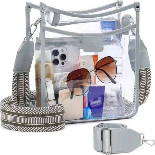 Vista 15 de Bolsa transparente grande de 3 bolsillos para eventos de estadio con 2 correas largas para mujer, bolsa cruzada para conciertos, aprobado