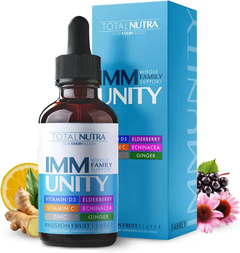 Total Immune 6 en 1 Suplemento Multivitamínico Líquido | 100% Zinc Diario, Vitamina D3, Gotas de Inmunidad de Vitamina C Líquidas | Apoyo de Saúco,