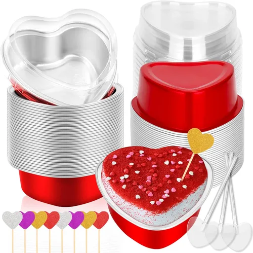 Vista 9 de Moldes grandes en forma de corazón para hornear, 20 juegos de recipientes desechables de papel de aluminio de 9 onzas con tapas, molde