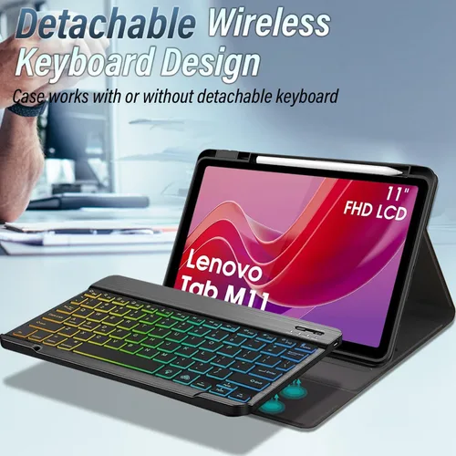 Vista 4 de Funda con teclado para Lenovo Tab M11 de 11 pulgadas 2024 (TB330FU/TB330XU), 7 colores con retroiluminación de arco iris desmontable Bluetooth