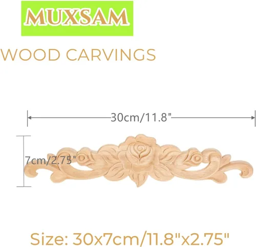 Vista 2 de MUXSAM 4 piezas de apliques decorativos tallados en madera de rosa, sin pintar, calcomanía larga sin pintar para puerta, pared, techo, armario