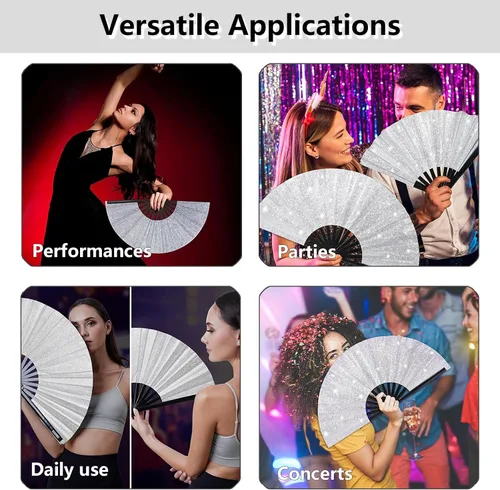 Vista 4 de Large Folding Hand Fans (6pcs) for Line Dancing Plata