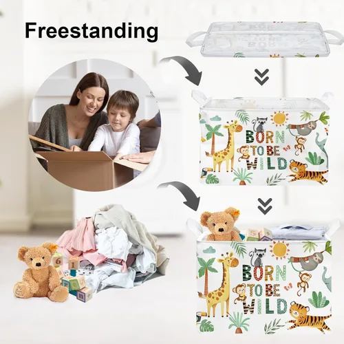 Vista 3 de Clastyle Cesta de almacenamiento rectangular de 36L con diseño de animales tropicales, elefantes, niños, jirafa, león, tigre, juguete, cuarto