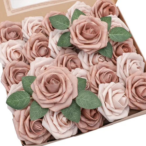 Vista 60 de Floroom Flores artificiales, 25 piezas de rosas falsas de espuma dorada antigua de aspecto real con tallos para ramos de boda DIY, centros de mesa