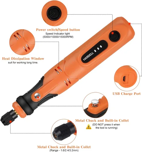 Vista 4 de HARDELL Herramienta rotativa inalámbrica de 3.7 V, kit de herramientas rotativas recargables con 3 velocidades, mini herramienta giratoria con 94