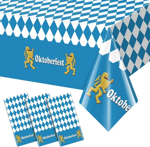 Vista 10 de 1 paquete de manteles desechables para el Oktoberfest bávaro, mantel rectangular de plástico azul y blanco con bandera bávara, decoración
