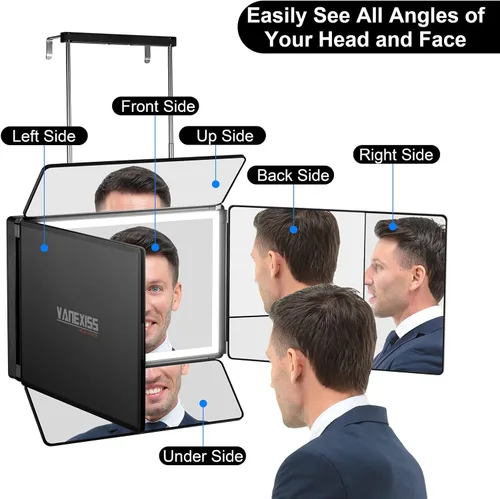 Vista 5 de Espejo recargable de 5 vías para cortar el cabello, espejo ajustable de vidrio real plegable con luz y ganchos telescópicos para maquillaje