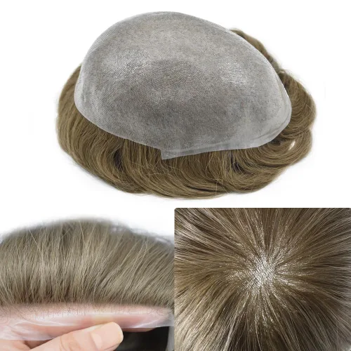 Vista 17 de Toupee - Sistema de reemplazo de piezas de cabello humano real, piel ultrafina, para hombres, cabello indetectable, línea capilar natural