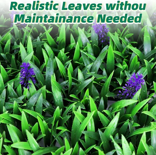 Vista 2 de Pared de césped artificial, 12 piezas de 20 x 20 pulgadas, flores de lavanda, seto topiario, plantas de césped, paneles de fondo de pared