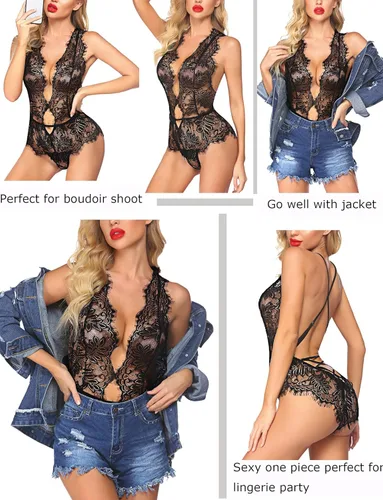 Vista 5 de Avidlove - Bodybaby doll de encaje de una pieza para mujer, con escote en V profundo Lencería sexy