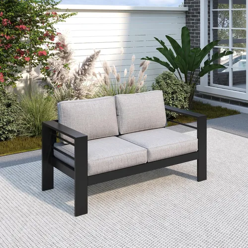 Vista 14 de Solaste Muebles de sofá de aluminio para patio, resistentes a la intemperie, azul Negro+Azul
