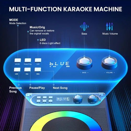 Vista 5 de Máquina de karaoke, altavoz Bluetooth portátil con 2 micrófonos inalámbricos para adultos y niños con luces LED, sistema de megafonía compatible