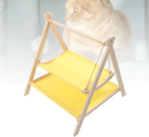 Vista 2 de Cat Hammock, Double Layer Washable Strong Load Bearing Scratch Cat Swing Bed, Elevated Bed with Hemp Rope Pine Wood Frame for Small Pets Indoor