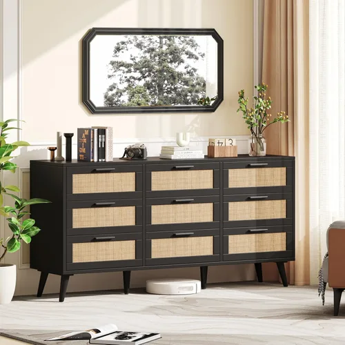 Vista 36 de Rovaurx Cómoda doble de 6 cajones para dormitorio, cómoda de ratán, cómoda de madera moderna con asas doradas, mesa auxiliar para armario, sala